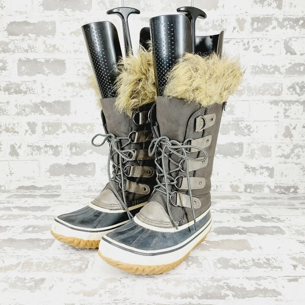 JBU Edith Gray Black Vegan Leather Faux Fur Lace Up Snow Winter Boots T544